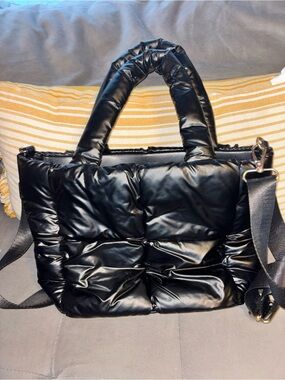 Black Quilted Puffer Tote with Detachable Strap